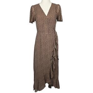Arrays Cheetah Print Wrap Midi Dress Ruffle Hem V Neck Brown Size M